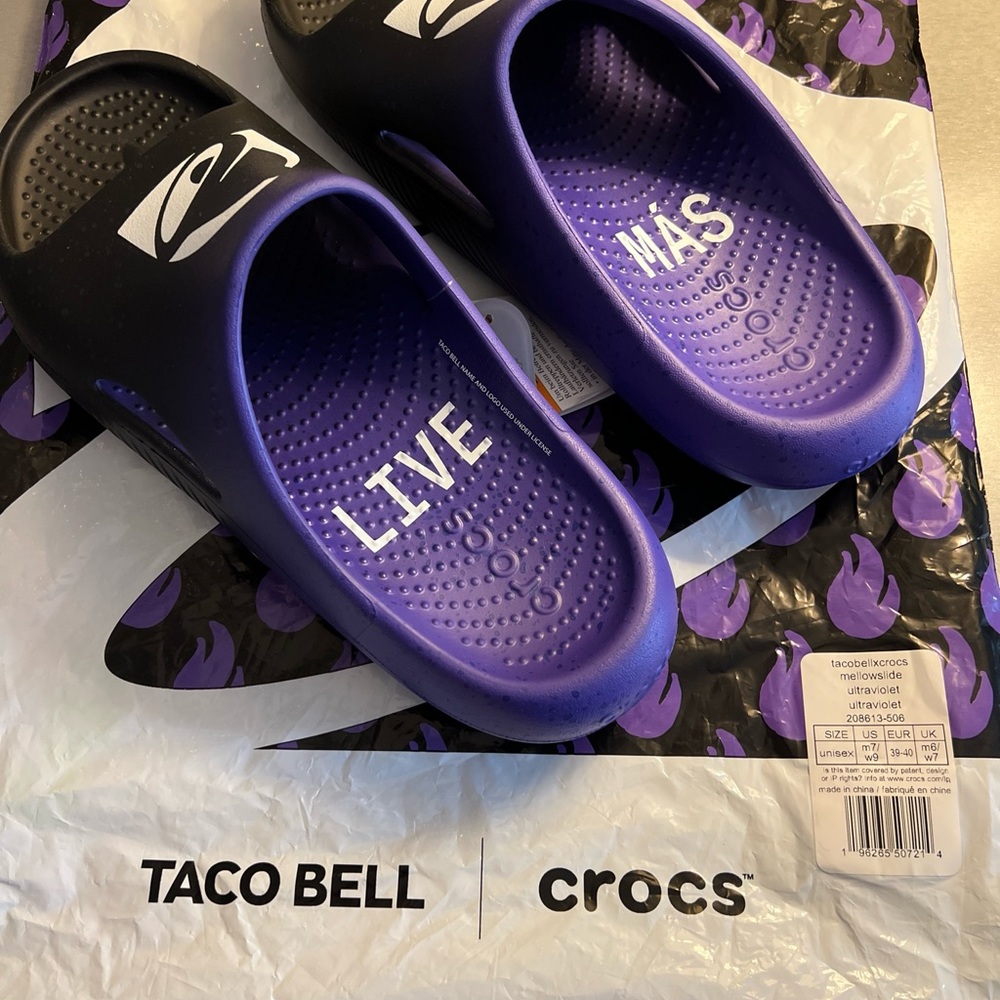 NEW Taco Bell Crocs Mellow Slide Sandal Ultraviolet Men's 7 Women's 9 Never Worn